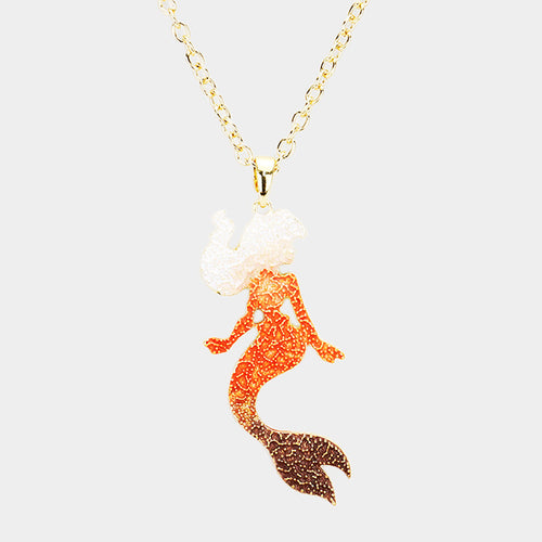 Mermaid Colored Metal Pendant Necklace - Coral, Gold