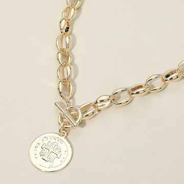 Madeline Love Gold 14K Gold Plated Cross Embossed Coin Charm Chunky Chain Toggle Necklace - Necklaces