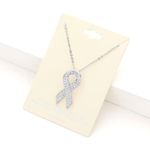 Rhinestone Embellished Metal Pink Ribbon Pendant Necklace - Rhodium