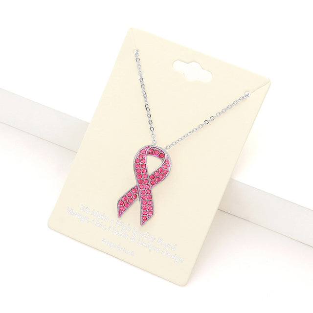 Madeline Love Pink Rhinestone Embellished Metal Pink Ribbon Pendant Necklace - Necklaces
