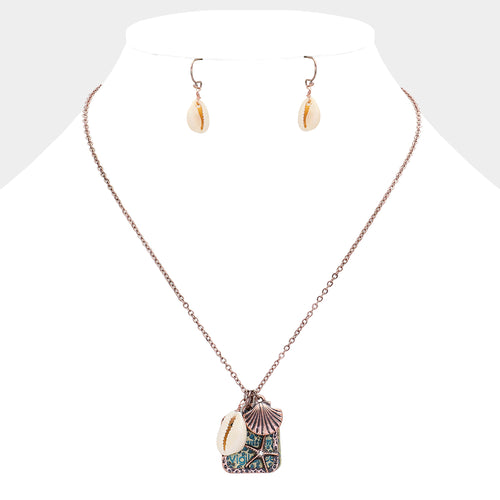 Guidance Message Starfish Cut Out Plate Shell Charm Pendant Necklace - Copper Burnished, Turquoise