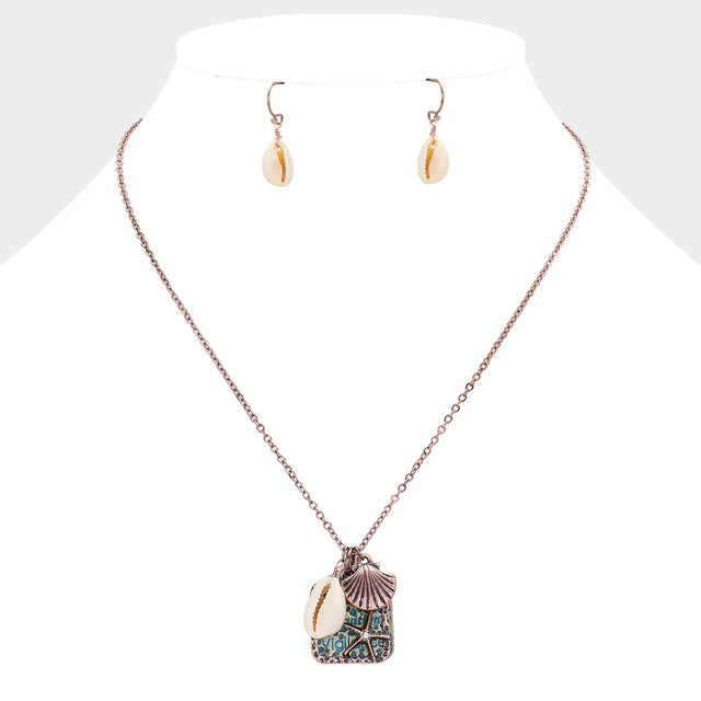 Copper Burnished, Turquoise Guidance Message Starfish Cut Out Plate Shell Charm Pendant Necklace