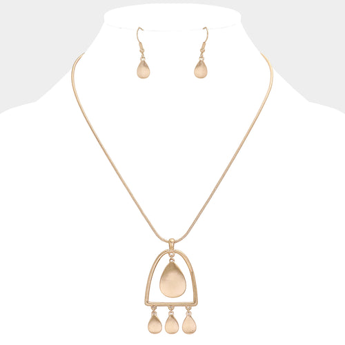 Abstract Metal Teardrop Dangle Pendant Necklace - Worn Gold
