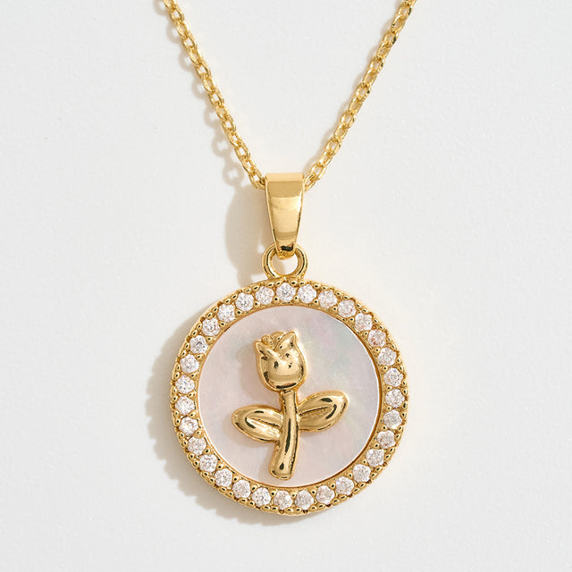 Madeline Love Gold 14K Gold Dipped CZ Stone Rim Flower Embossed Mother of Pearl Medallion Pendant Necklace - Jewelry