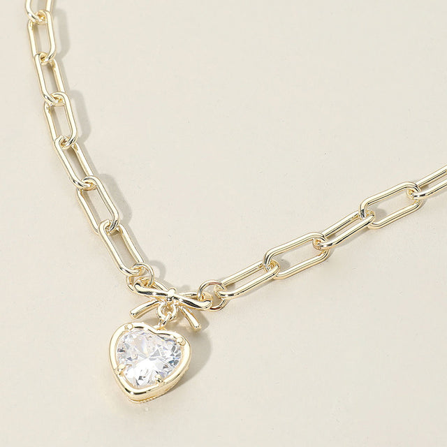 Madeline Love Clear, Gold 14K Gold Plated Bow Top Heart CZ Stone Bezel Pendant Necklace - Jewelry