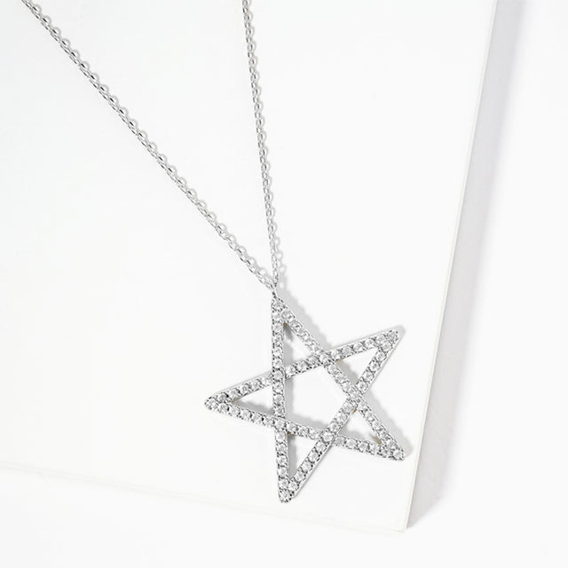Madeline Love Clear, Rhodium White Gold Dipped CZ Pave Star Pendant Necklace - Necklaces