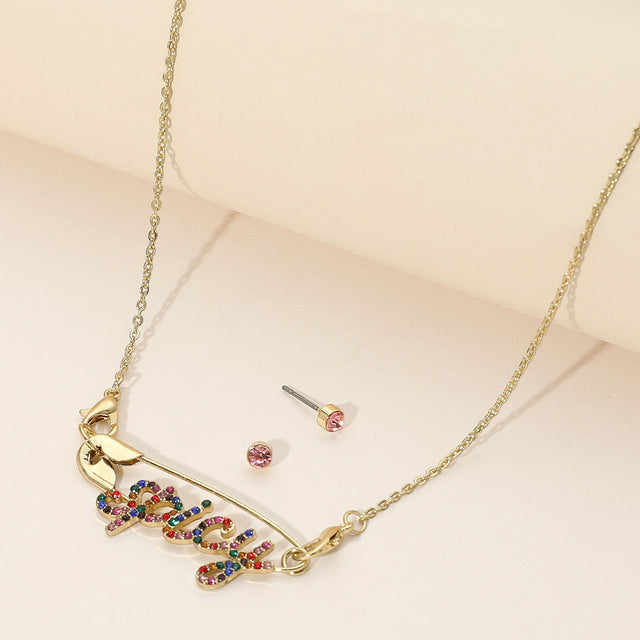 Madeline Love Gold, Multi Rhinestone Paved SPICY Message Pointed Safety Pin Pendant Necklace - Necklaces