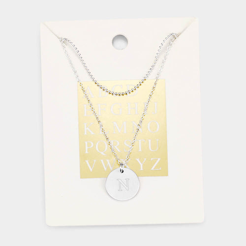 -N- Initial Monogram Round Metal Pendant Necklace - Silver