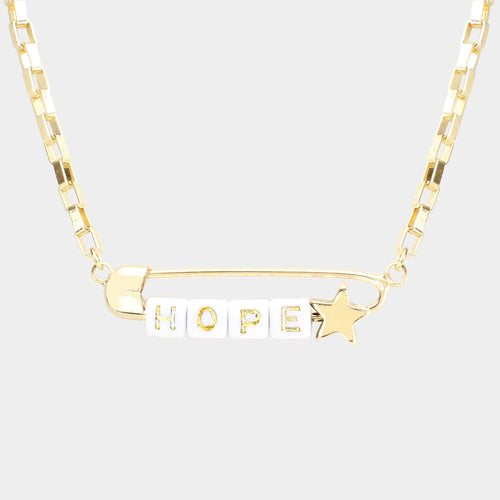 HOPE Metal Safety Pin Message Pendant Necklace - White