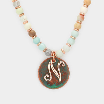Madeline Love Multi, Patina Verdigris -N- Initial Monogram Pendant Natural Stone Long Necklace - Necklaces