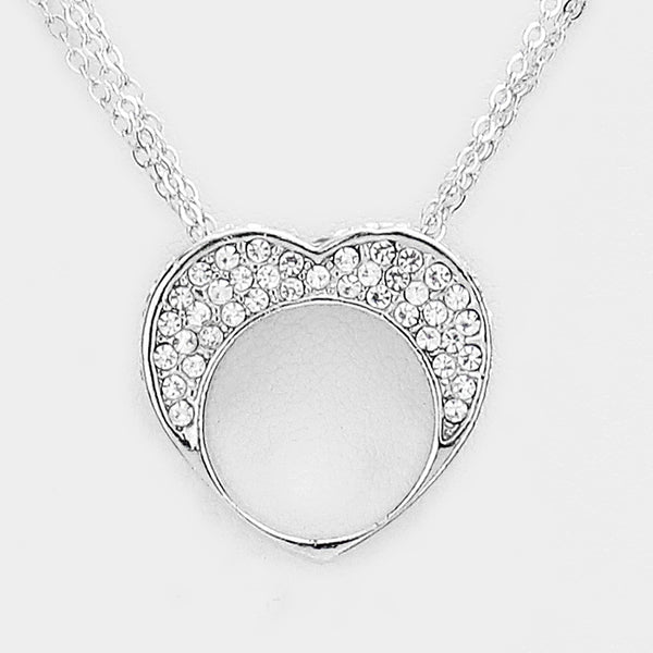 Crystal Rhinestone Pave Heart Cut Out Round Pendant Necklace