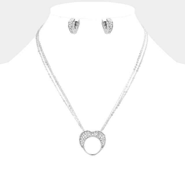 Madeline Love Rhodium, Clear Crystal Rhinestone Pave Heart Cutout Round Pendant Necklace - Necklaces