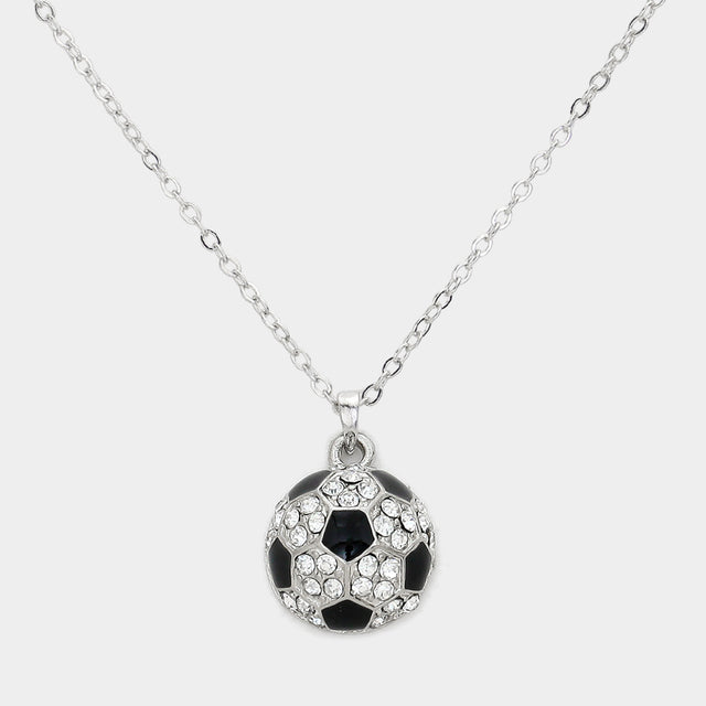 Madeline Love Clear, Rhodium Crystal Soccer Pendant Necklace - Sports & Events