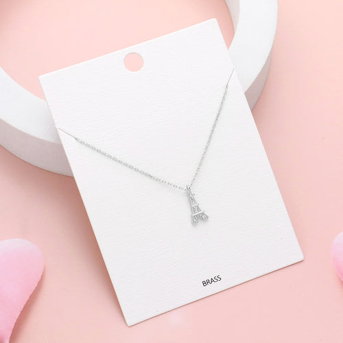 Rhinestone Embellished Brass Metal Eiffel Tower Pendant Necklace - Clear, Silver