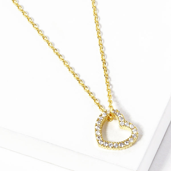 Gold Dipped CZ Stone Paved Open Heart Pendant Necklace