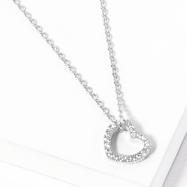 White Gold Dipped CZ Stone Paved Open Heart Pendant Necklace