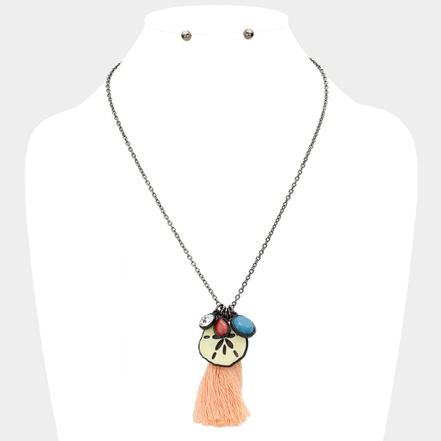 Black, Coral, Multi Sand Dollar Tassel Pendant Necklace