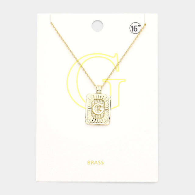 Madeline Love Gold -G- Brass Metal Rectangle Initial Monogram Pendant Necklace - Necklaces