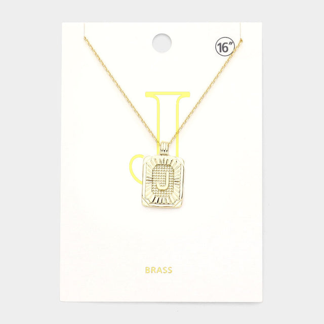 Madeline Love Gold -J- Brass Metal Rectangle Initial Monogram Pendant Necklace - Necklaces
