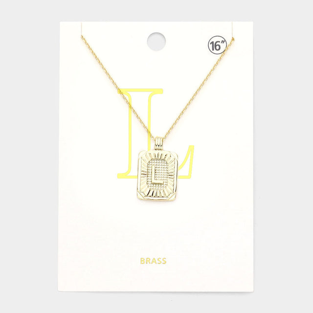 Madeline Love Gold -L- Brass Metal Rectangle Initial Monogram Pendant Necklace - Necklaces