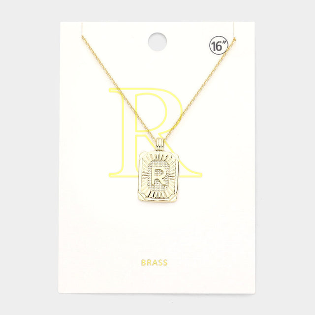 Madeline Love Gold -R- Brass Metal Rectangle Initial Monogram Pendant Necklace - Necklaces
