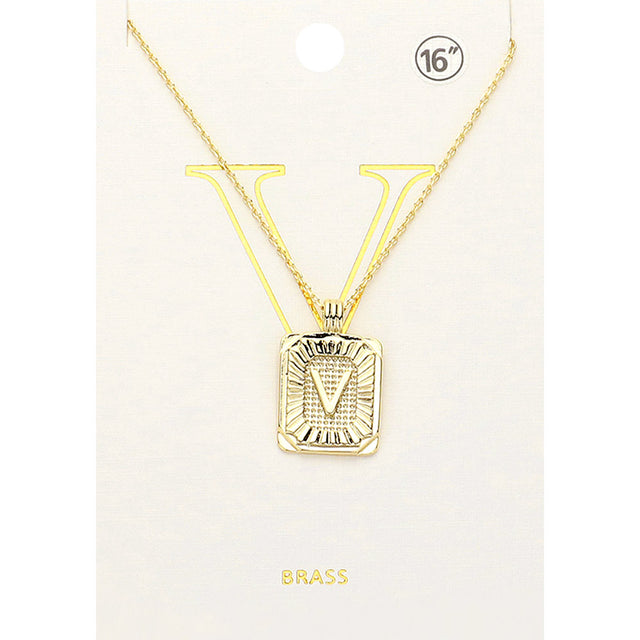 Madeline Love Gold -V- Brass Metal Rectangle Initial Monogram Pendant Necklace - Necklaces