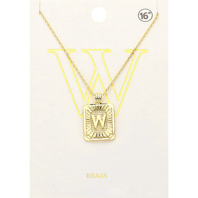 Madeline Love Gold -W- Brass Metal Rectangle Initial Monogram Pendant Necklace - Necklaces