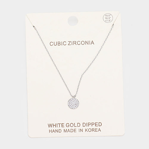 White Gold Dipped CZ Pave Pendant Necklace - Clear, Rhodium