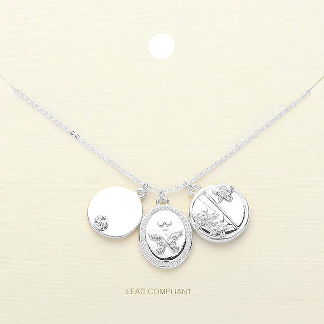 Madeline Love Rhodium Stone Paved Butterfly Flower Pointed Disc Charm Pendant Necklace - Jewelry