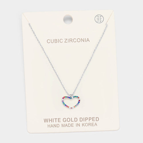 White Gold Dipped CZ Heart Pendant Necklace - Multi, Rhodium