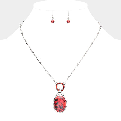 Stone Embellished Open Circle Oval Natural Stone Pendant Necklace - Red