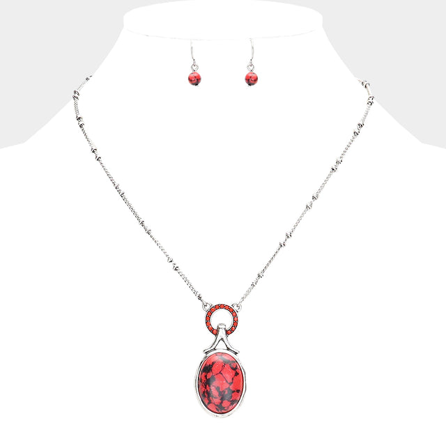 Madeline Love Red Stone Embellished Open Circle Oval Natural Stone Pendant Necklace - Necklaces