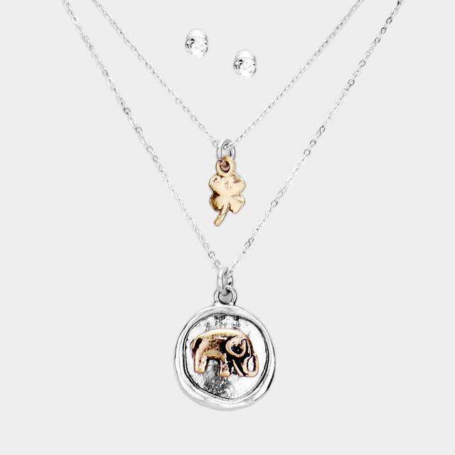 Madeline Love Gold Burnished, Silver Burnished Burnished Metal Elephant Clover Pendant Layered Necklace - Necklaces