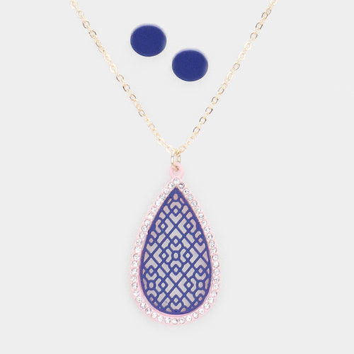 Filigree Rhinestone Pave Teardrop Pendant Necklace - Navy, Pink