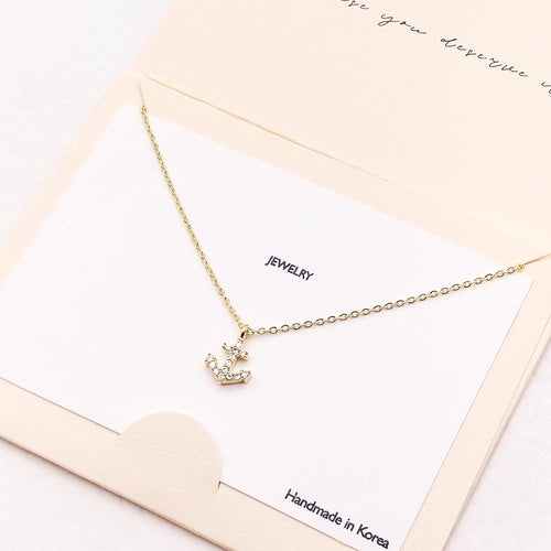 CZ Embellished Anchor Pendant Necklace - Gold