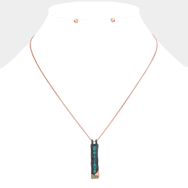 Madeline Love Multi, Patina Verdigris "Believe" Hammered Metal Bar Pendant Necklace - Necklaces