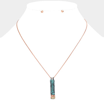 Madeline Love Multi, Patina Verdigris "Blessed" Hammered Metal Bar Pendant Necklace - Necklaces