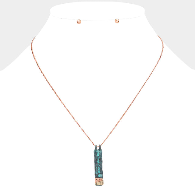 Madeline Love Multi, Patina Verdigris "Blessed" Hammered Metal Bar Pendant Necklace - Necklaces