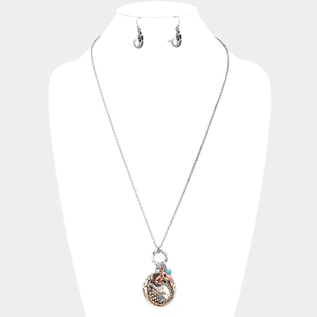 Three Tone Metal Mermaid Round Pendant Whale Tail Charm Necklace