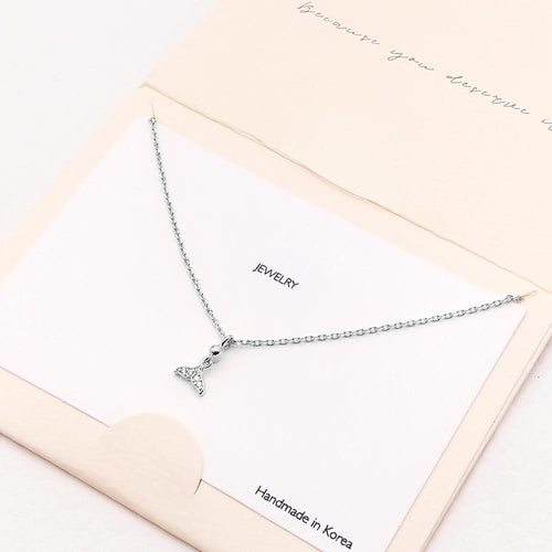 CZ Embellished Whale Tail Pendant Necklace - Silver