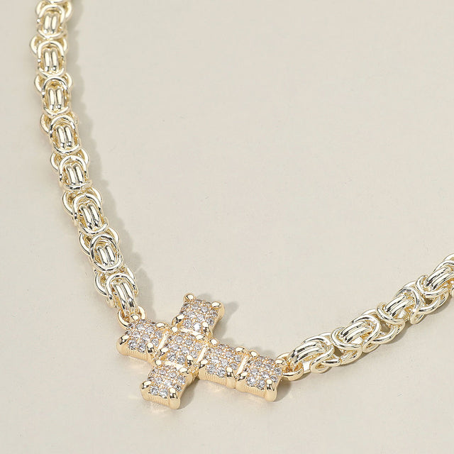 Madeline Love Gold 14K Gold Plated CZ Stone Paved Cross Accent Abstract Chain Necklace