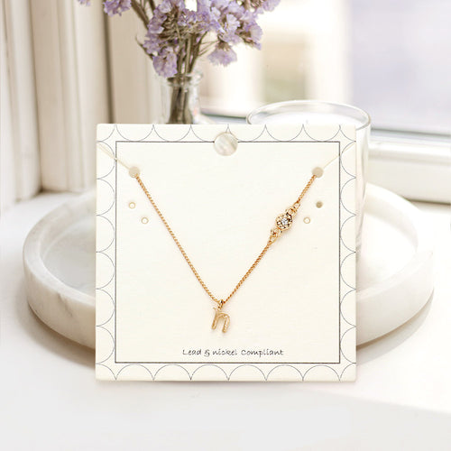 N - Small Letter Initial Monogram Pendant Necklace with Crystal - Gold