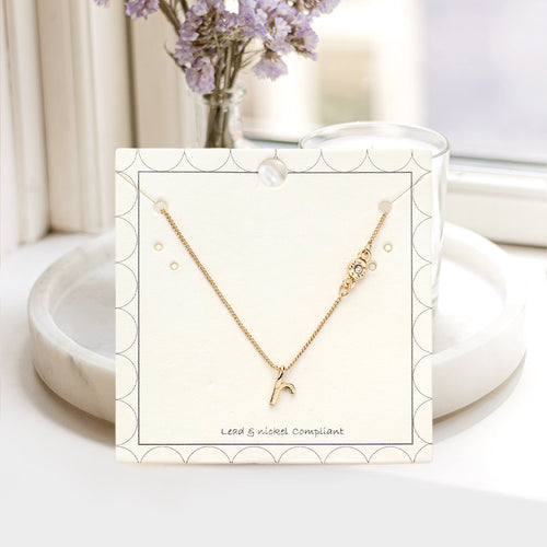 R - Small Letter Initial Monogram Pendant Necklace with Crystal - Gold