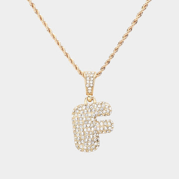 Madeline Love ~F~, Gold -F- Rhinestone Initial Monogram Pendant Brass Chain Necklace - Necklaces