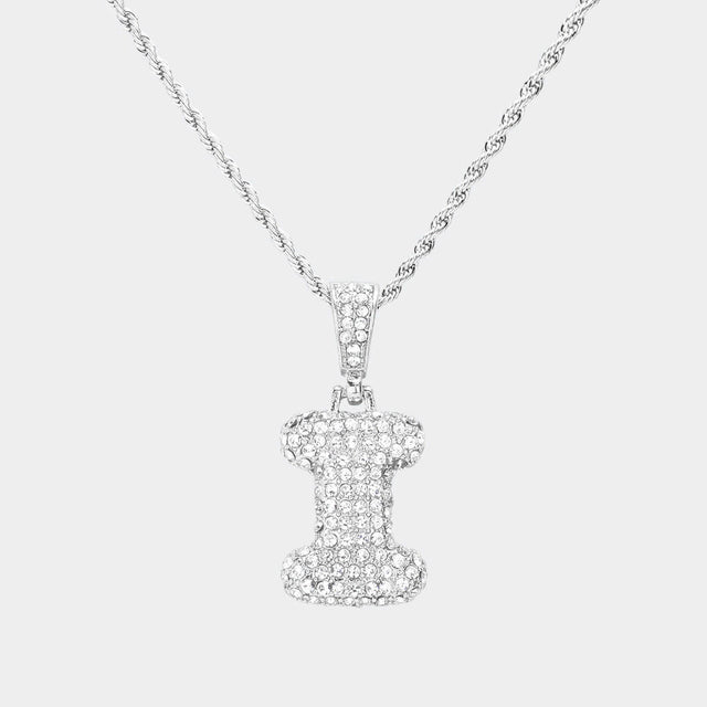 Madeline Love ~I~, Rhodium -I- Rhinestone Initial Monogram Pendant Brass Chain Necklace - Necklaces
