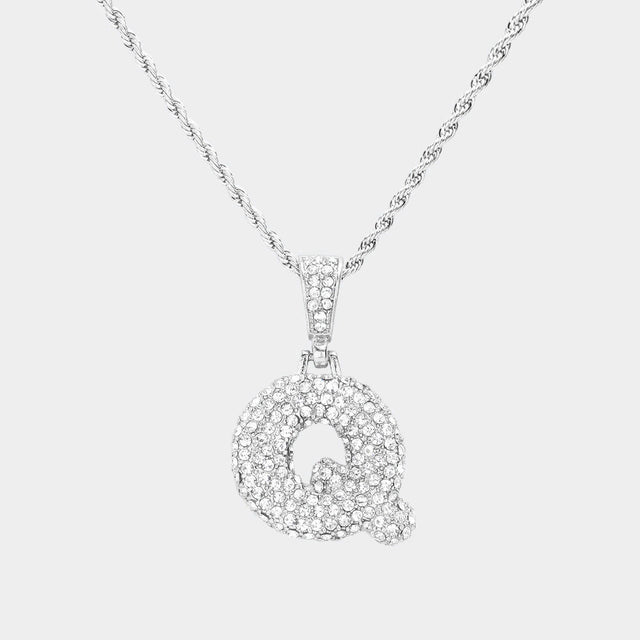 Madeline Love ~Q~, Rhodium -Q- Rhinestone Initial Monogram Pendant Brass Chain Necklace - Necklaces