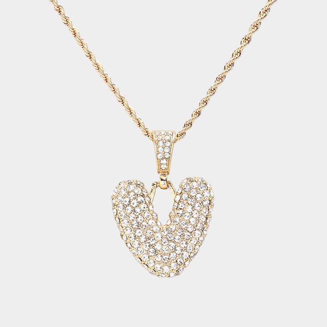 Madeline Love ~V~, Gold -V- Rhinestone Initial Monogram Pendant Brass Chain Necklace - Necklaces