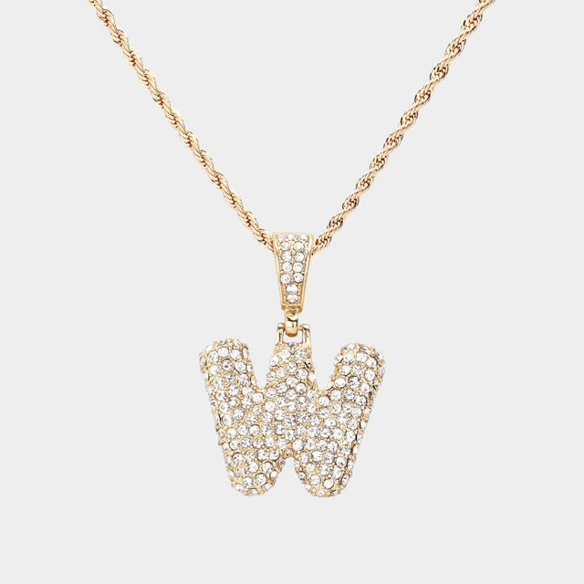 Madeline Love ~W~, Gold -W- Rhinestone Initial Monogram Pendant Brass Chain Necklace - Necklaces