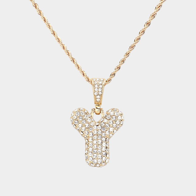 Madeline Love ~Y~, Gold -Y- Rhinestone Initial Monogram Pendant Brass Chain Necklace - Necklaces