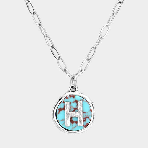 -H- Initial Monogram Turquoise Pendant Necklace - ~H~, Turquoise